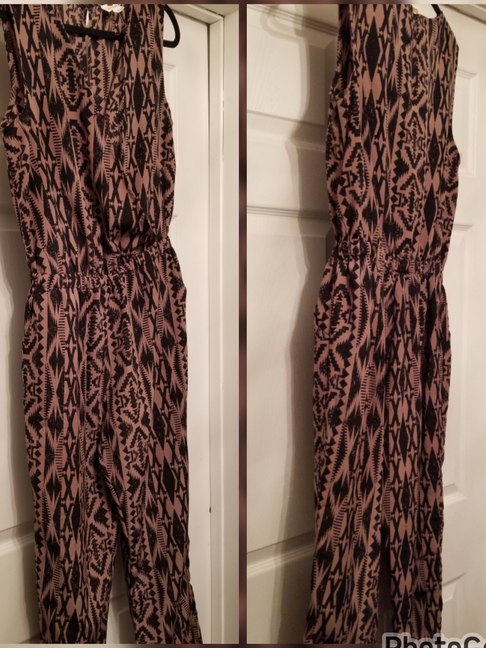 Sleeveless Aztec Print Jumpsuit - Taupe & Black